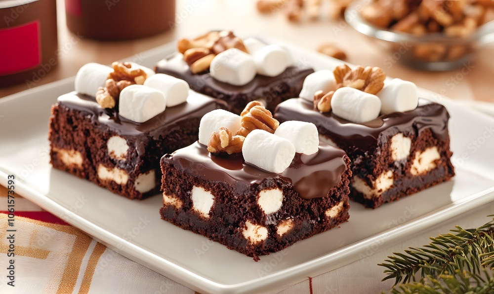 Chocolate Fudge Brownie Squares Topped with Marshmallows, Generative AI Chocolate Fudge Brownie Squares Topped with Marshmallows, Generative AI