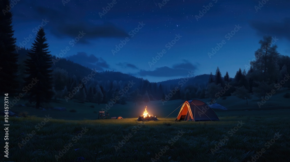 Camp fire and tent in the forest/ mountain, grass field. Camp fire and tent in the forest/ mountain, grass field.
