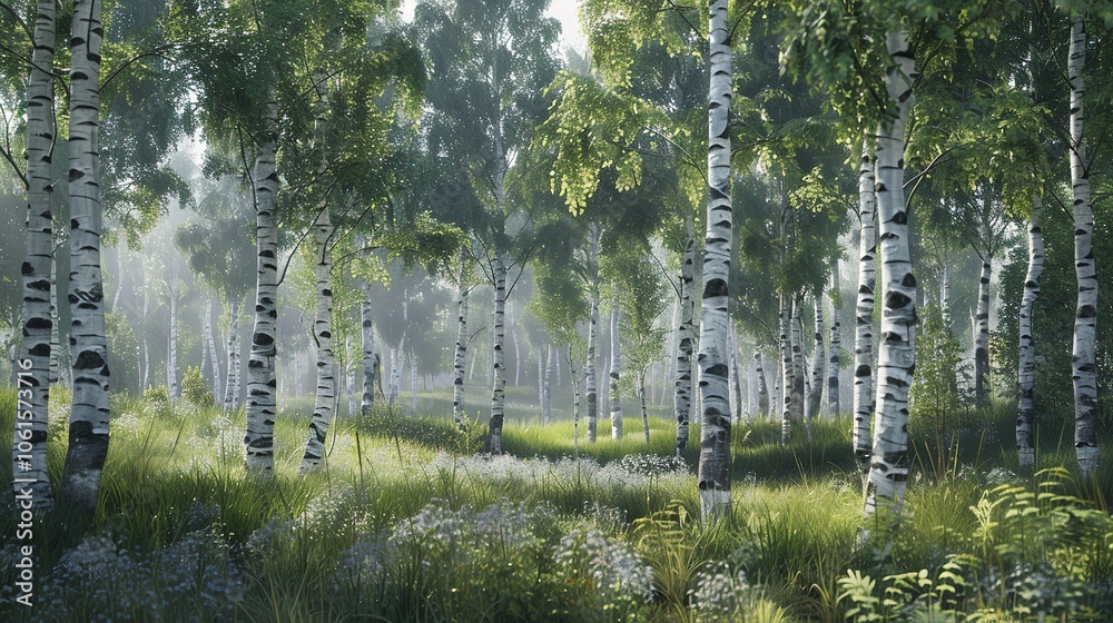 Obraz premium Birch Trees in the Forest, Illustration, 8K Realistic Lighting