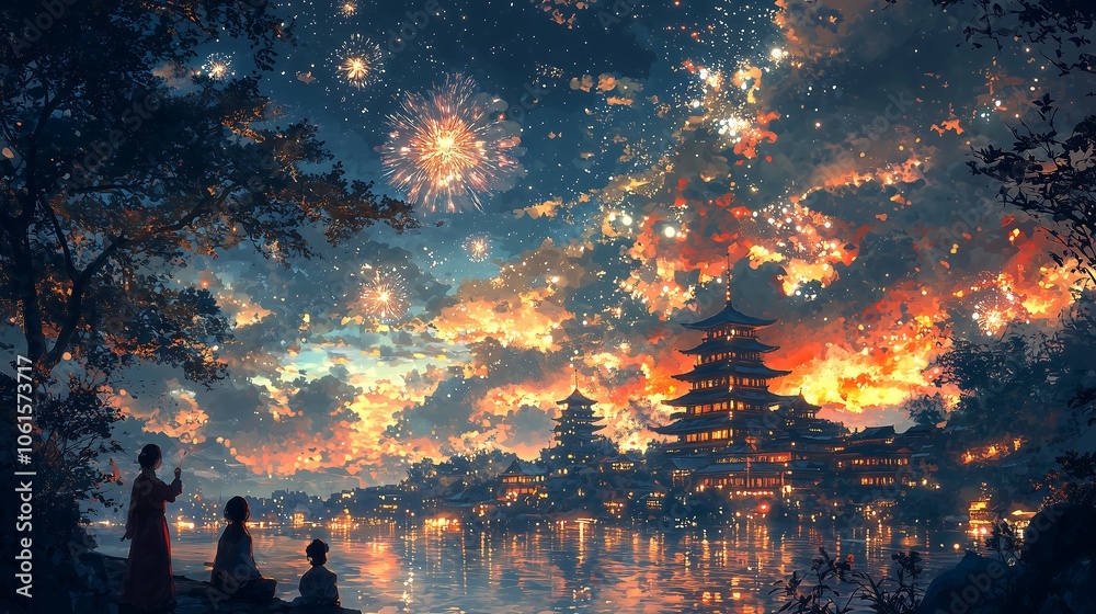 Obraz premium Night city with fireworks, beautiful night cityscape illuminated by fireworks.