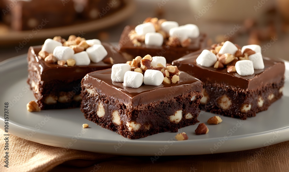 Chocolate Fudge Brownie Squares Topped with Marshmallows, Generative AI Chocolate Fudge Brownie Squares Topped with Marshmallows, Generative AI