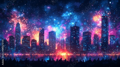 Wallpaper Mural Night city with fireworks, beautiful night cityscape illuminated by fireworks. Torontodigital.ca