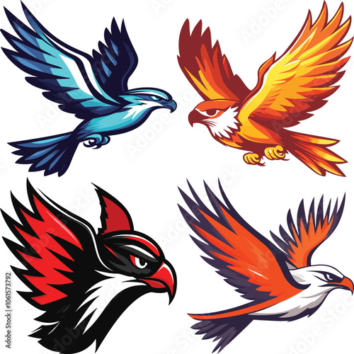  dynamic collection of four bird of prey mascot logos, featuring eagles or hawks in various flying and perched poses with red, orange, and blue feather details.