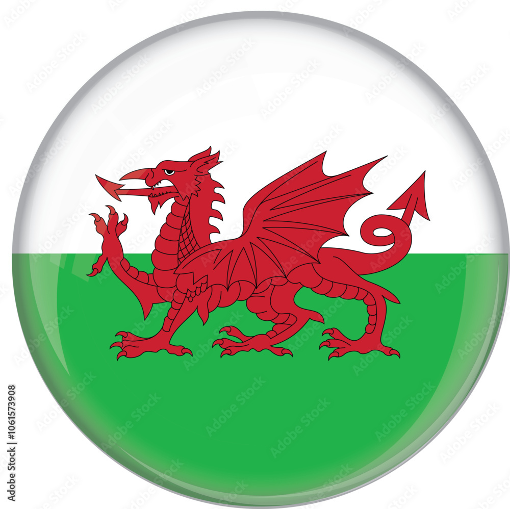 Wales flag with glossy rounded button for football team and national emblem Wales flag with glossy rounded button for football team and national emblem