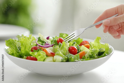 Person holding fork over salad bowl, ready to eat. Table set with colorful greens and vegetables, appealing and appetizing presentation.