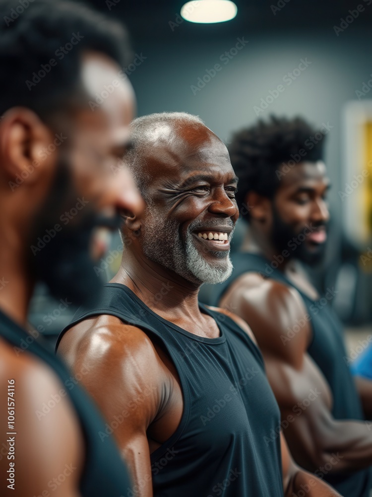 A group of three men, including one older man with gray hair, enjoy their workout in a gym setting. The older man is smiling, showing the camaraderie and motivation shared during their fitness routine A group of three men, including one older man with gray hair, enjoy their workout in a gym setting. The older man is smiling, showing the camaraderie and motivation shared during their fitness routine