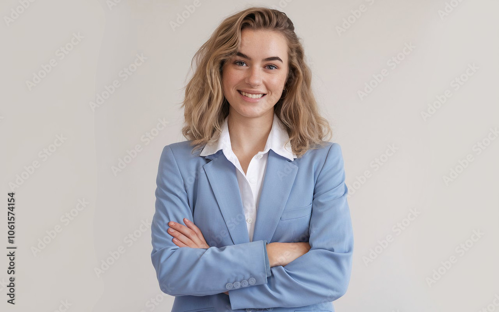 A confident young woman with wavy, shoulder-length blonde hair smiles warmly, wearing a light blue blazer over a white collared shirt. Her arms are crossed as she stands against a plain background. A confident young woman with wavy, shoulder-length blonde hair smiles warmly, wearing a light blue blazer over a white collared shirt. Her arms are crossed as she stands against a plain background.