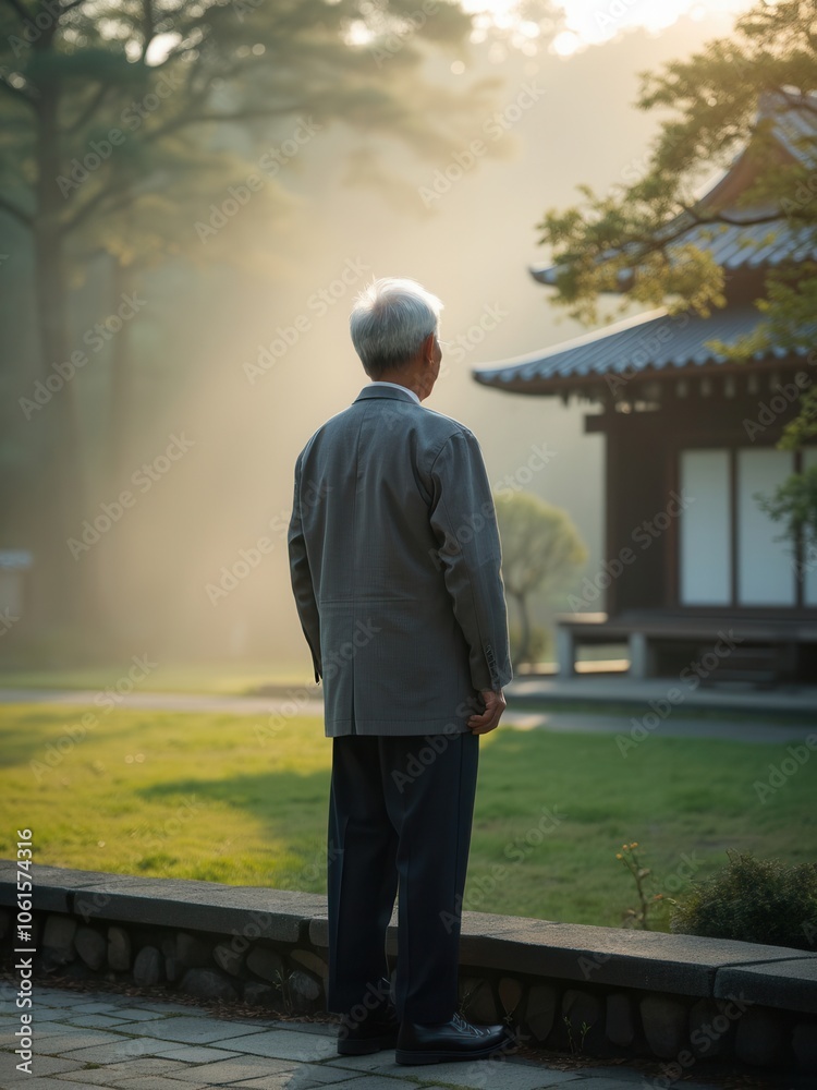 An elderly man stands quietly in a lush garden, gazing at a traditional structure under soft morning light. The scene is peaceful, with gentle mist adding to the calm atmosphere of the surroundings. An elderly man stands quietly in a lush garden, gazing at a traditional structure under soft morning light. The scene is peaceful, with gentle mist adding to the calm atmosphere of the surroundings.