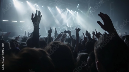 Energetic concert atmosphere with lights and raised hands capturing the thrill and unity of live music amidst an enthusiastic crowd.