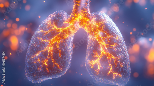 human lungs, highlighting the intricate network of airways and blood vessels.