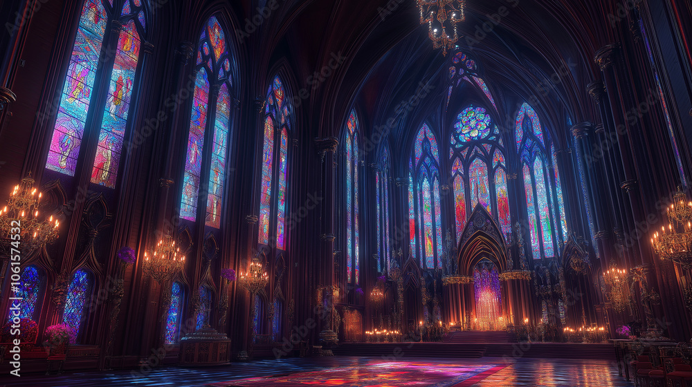 Fototapeta premium The towering interior of a Gothic cathedral, with vibrant stained glass casting colored light.