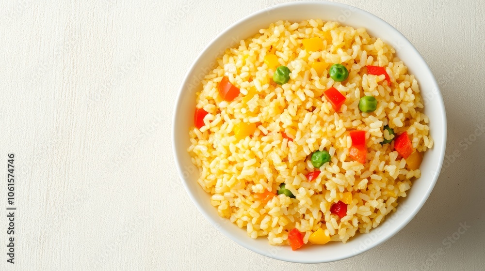 A bowl of yellow rice with peas and red bell peppers on a white background. A bowl of yellow rice with peas and red bell peppers on a white background.