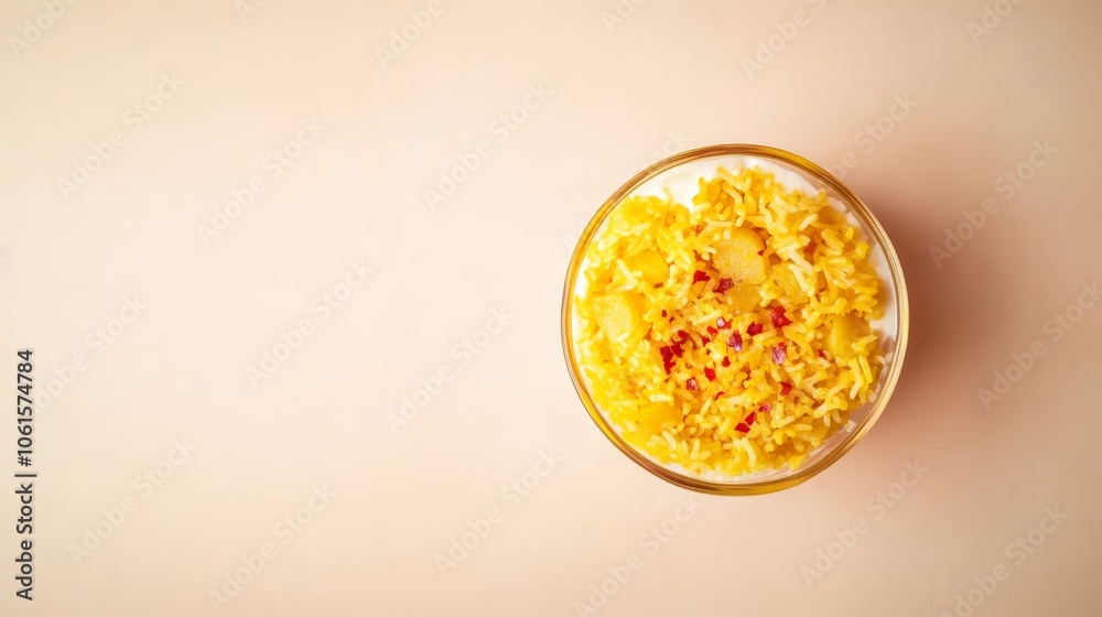 A bowl of yellow rice with red pepper flakes on a peach background. A bowl of yellow rice with red pepper flakes on a peach background.