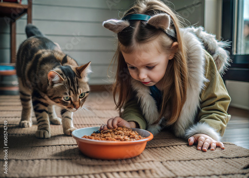 Girl in cat costume on the floor eating cat food from the bowl with cat. Quadrobics, furry, theriantropy subculture photo