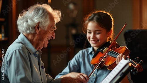 An elderly man shares a joyful moment with a young girl as he teaches her how to play the violin. They are seated together in a warmly lit room, surrounded by musical instruments and sheet music, enjo photo