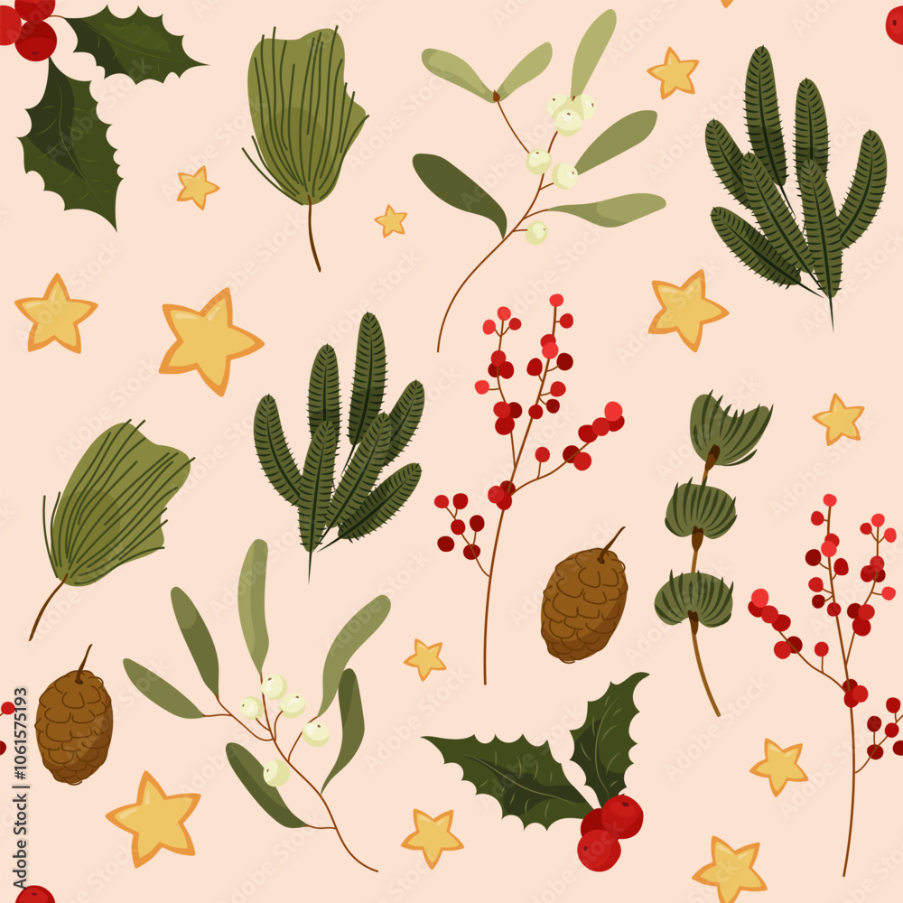 Fototapeta premium seamless pattern with Christmas elements of fir branches, mistletoe, red and white berries, pine cones on a beige background with a winter vibe, in a flat style for wrapping paper, background