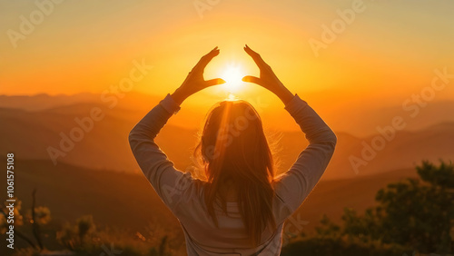 The woman making frame round the sun with her hands in sunrise,Future planning idea concept.