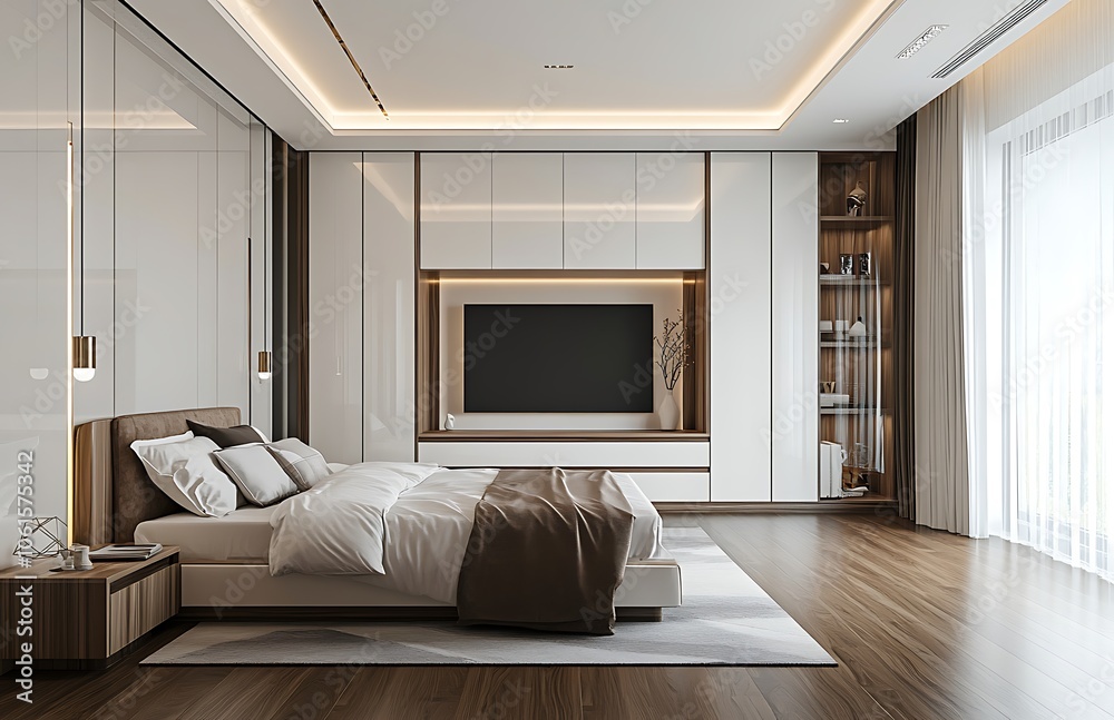Fototapeta premium Modern Bedroom with Marble Flooring and Mirrored Closet