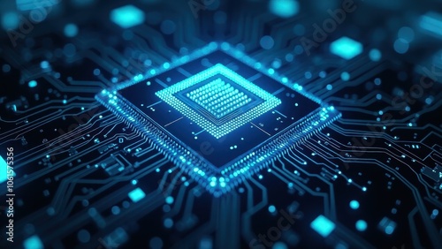 Processor with futuristic neon lights on electronic circuit board	