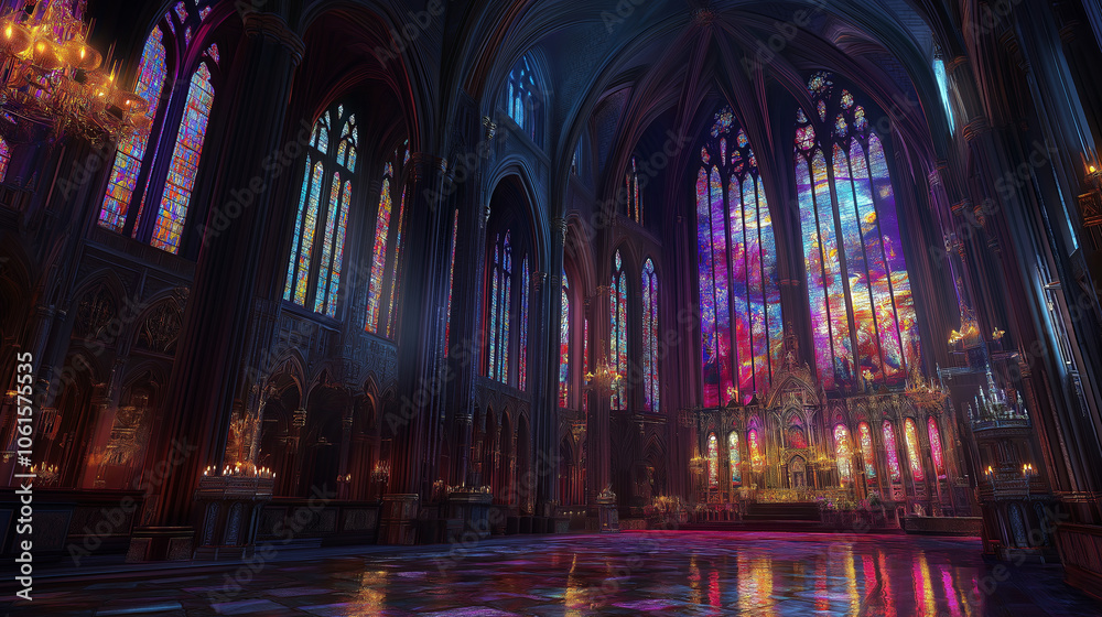 Fototapeta premium The towering interior of a Gothic cathedral, with vibrant stained glass casting colored light.