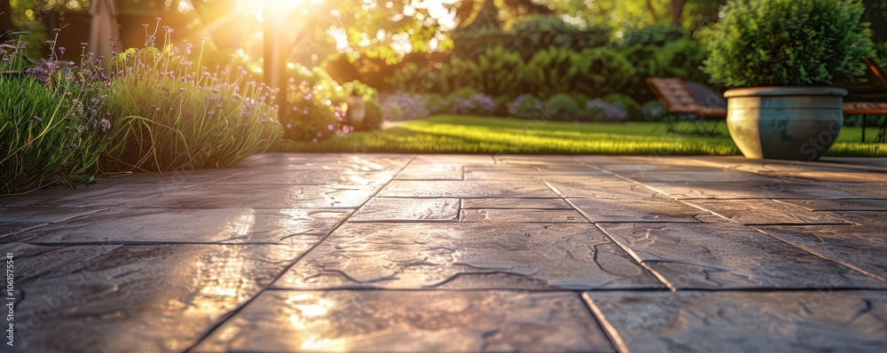 Sunlight reflecting on a beautifully stamped concrete patio, creating a serene backyard atmosphere. Free copy space for text.