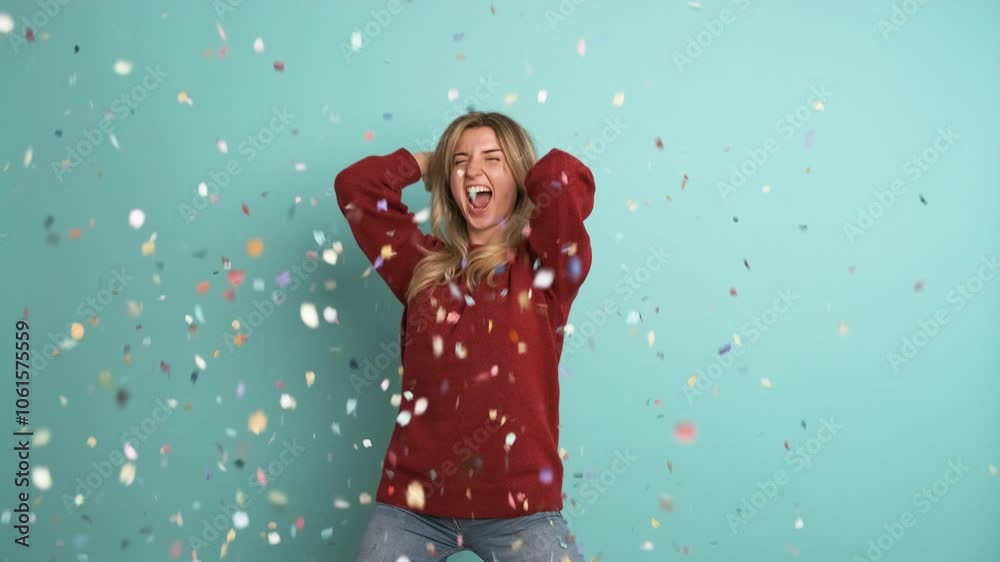 Cheerful woman celebrating big win showered in confetti Cheerful woman celebrating big win showered in confetti