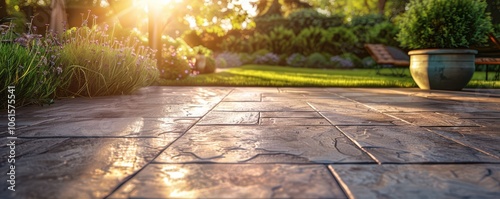 Obraz na płótnie Sunlight reflecting on a beautifully stamped concrete patio, creating a serene backyard atmosphere. Free copy space for text. w salonie
