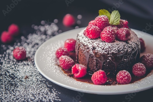 a delicious chocolate lava cake with raspberries on a white plate