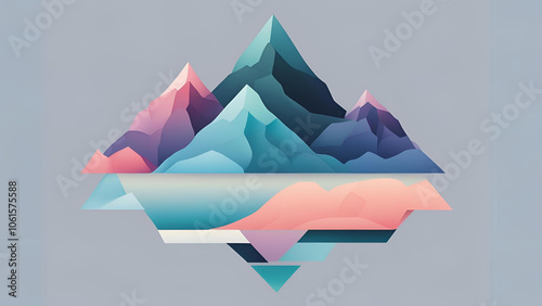 Abstract Mountain Reflection: Geometric peaks and valleys mirroring a serene landscape, in a vibrant, stylized artwork.  A visual representation of balance and tranquility. 