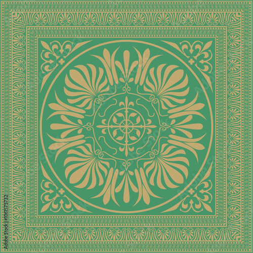 Vector gold with green classic Greek square ornament. Rectangle of Ancient Greece and Roman Empire. Byzantine painting of walls, floors and ceilings. Decoration of European palaces