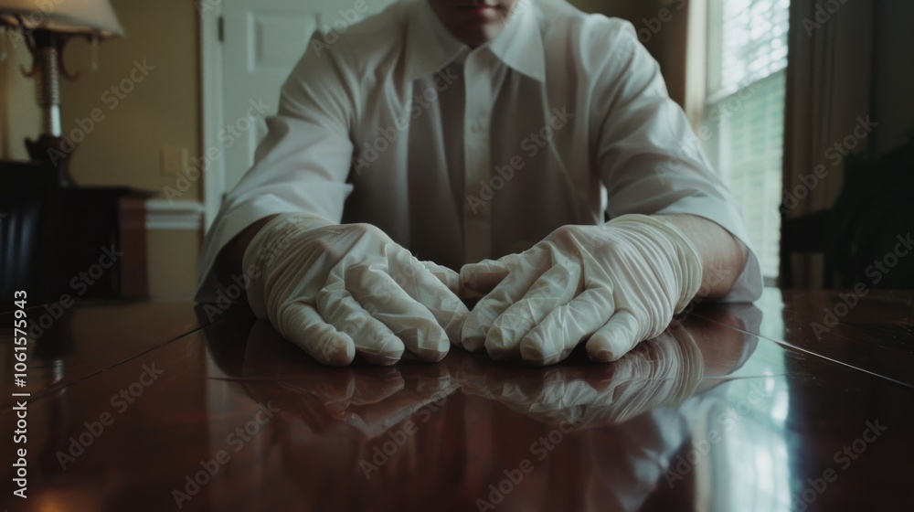 Gloved hands hover over a surface with precision, suggesting scientific work or delicate handling in a laboratory-like setting.