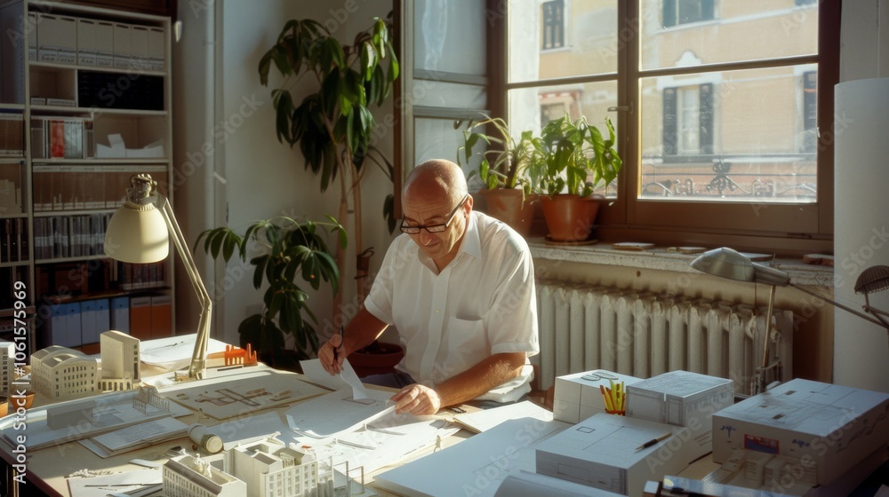 In a plant-filled office, an architect pens plans surrounded by models and sketches, basking in soft morning light from the window. In a plant-filled office, an architect pens plans surrounded by models and sketches, basking in soft morning light from the window.