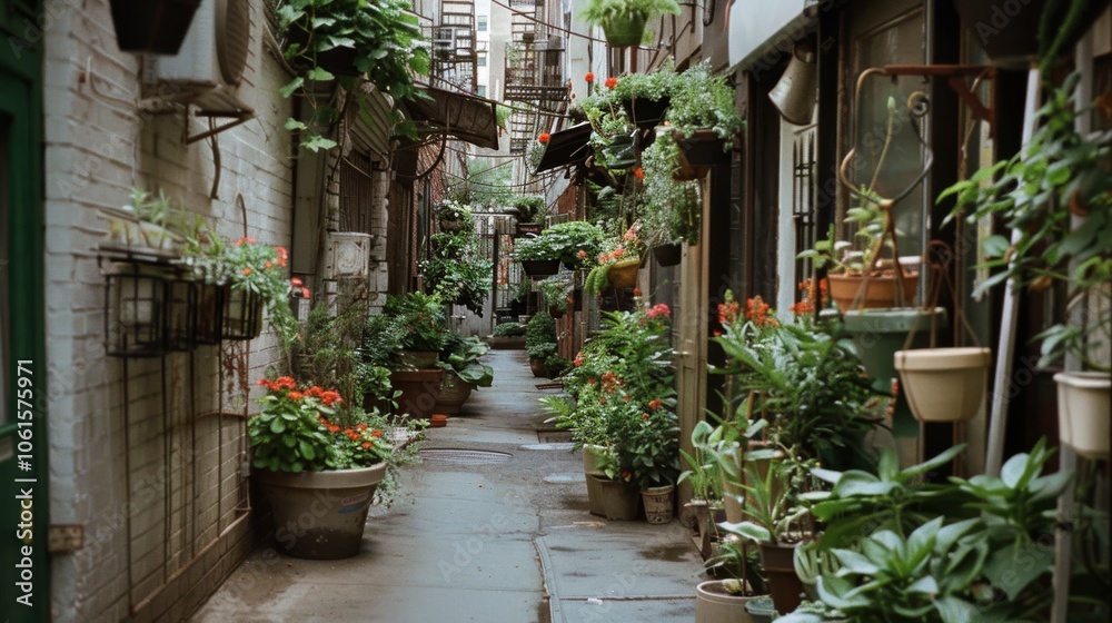 Obraz premium Intimate alleyway adorned with potted plants, creating a lush urban retreat bursting with greenery and blooms, inspiring tranquility amidst city life.