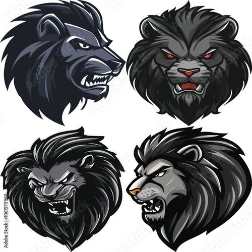  An intimidating collection of four fierce lion head mascots in grayscale, some with glowing red eyes, designed to project power and aggression for a sports team or esports logo.