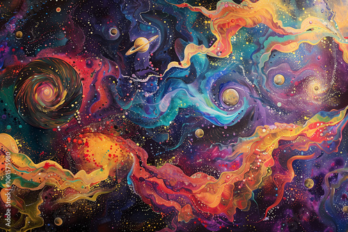 cosmic feel, featuring swirling galaxies, stars, and nebulae in vibrant colors, with stars and planets in the background


 photo