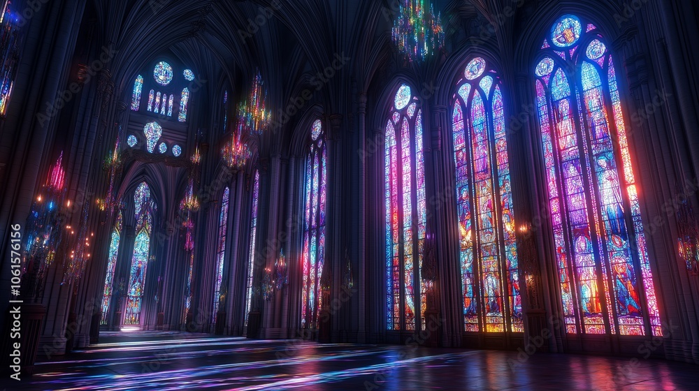 The towering interior of a Gothic cathedral, with vibrant stained glass casting colored light. The towering interior of a Gothic cathedral, with vibrant stained glass casting colored light.