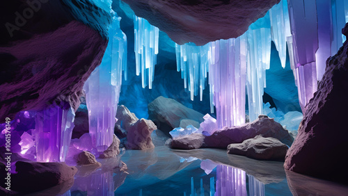 Ice Cave Wonderland:  A breathtaking view into a magical ice cave, where shimmering icicles hang like crystal curtains, illuminating the reflective water below. photo