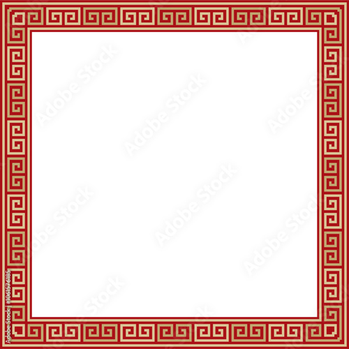 Vector gold with red classic Greek square ornament. Rectangle of Ancient Greece and Roman Empire. Byzantine painting of walls, floors and ceilings. Decoration of European palaces