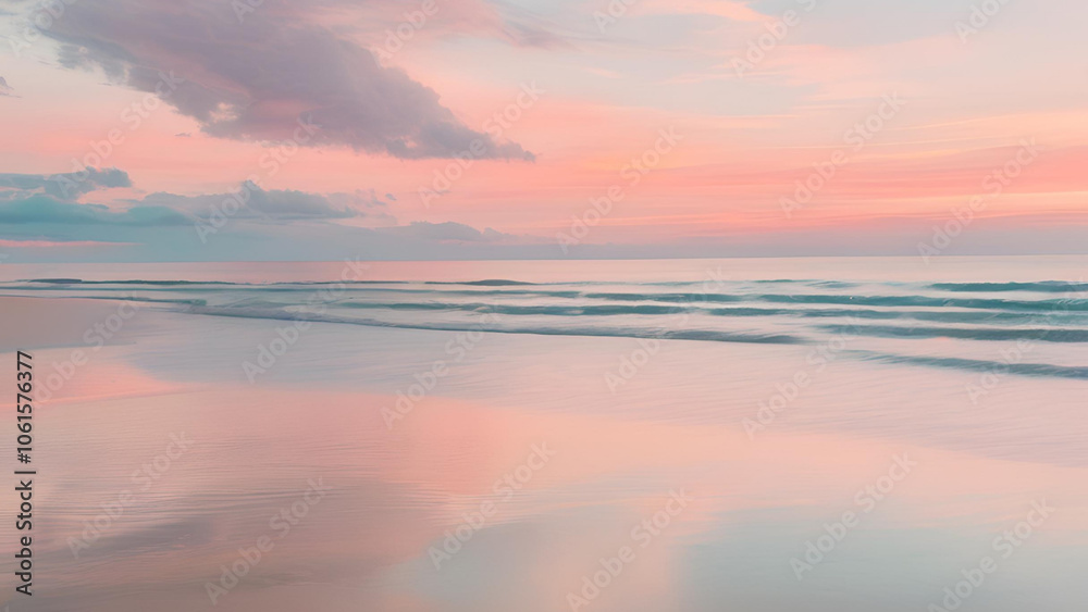 Obraz premium Serene Coastal Sunrise: A breathtaking panorama of a tranquil beach bathed in the soft, ethereal glow of a pastel sunrise. The gentle waves lap at the shore, reflecting the sky's vibrant hues. 