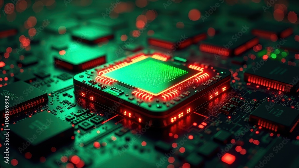 Obraz premium Processor with futuristic neon green and red lights on electronic circuit board 