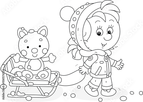Happy little girl pulling her sled with a funny toy cat on a snowy winter day, black and white outline vector cartoon illustration for a coloring book page