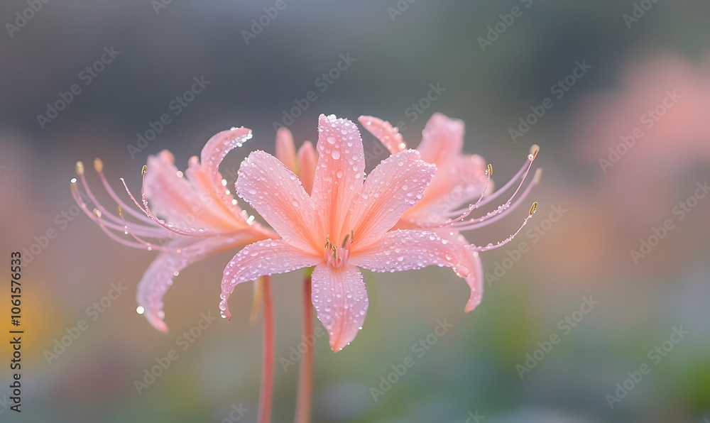 Fototapeta premium Nerine bowdenii with dew, Generative AI