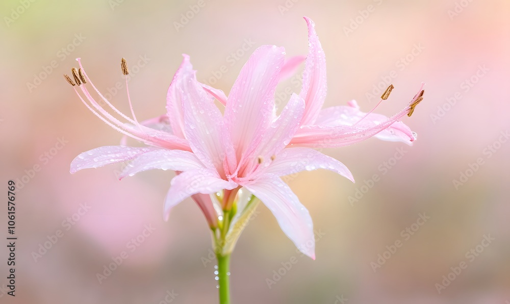 Fototapeta premium Nerine bowdenii with dew, Generative AI 