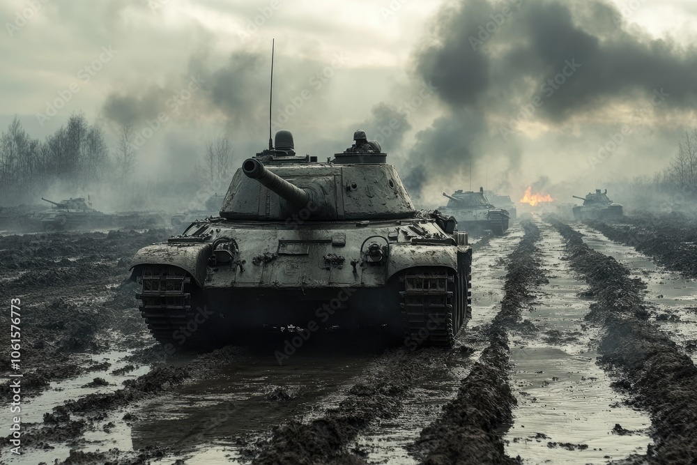 Fototapeta premium Heavy tanks advancing on muddy battlefield during military attack
