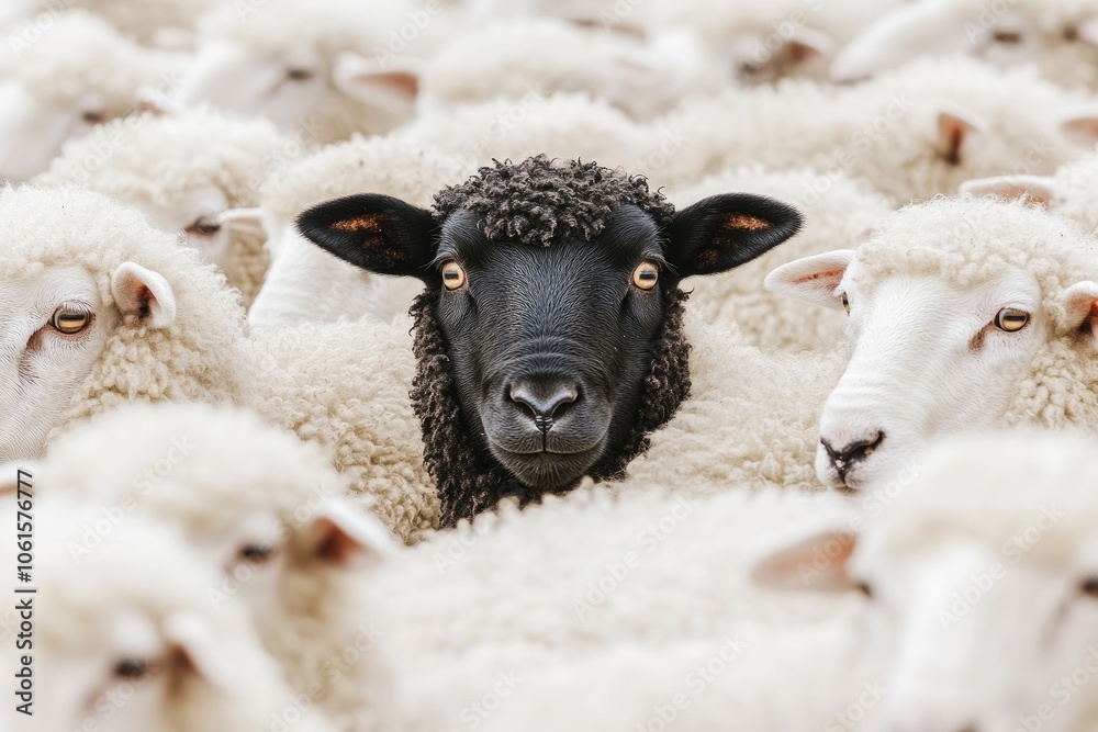 Naklejka premium Black sheep standing out from the crowd