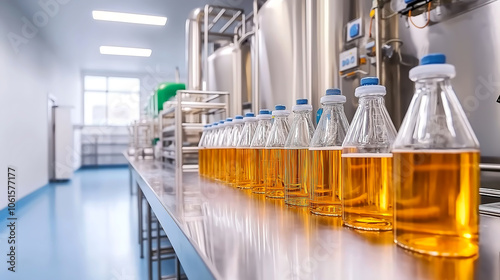 Modern biodiesel plant with eco friendly fuel processing, showcasing bottles filled with golden liquid on stainless steel table. clean, bright environment emphasizes sustainability and innovation