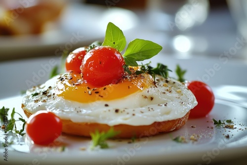 Fried egg sunny side up sitting on rosti potato with cherry tomatoes and fresh herbs photo