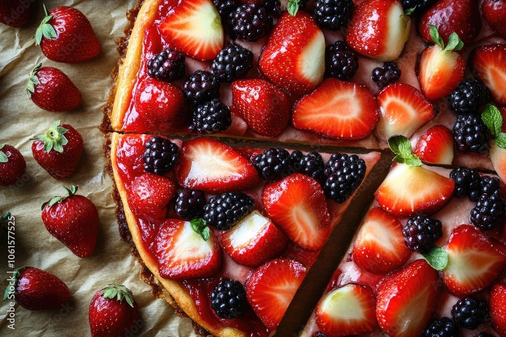 Delicious cheesecake with fresh strawberries and blackberries being sliced Delicious cheesecake with fresh strawberries and blackberries being sliced