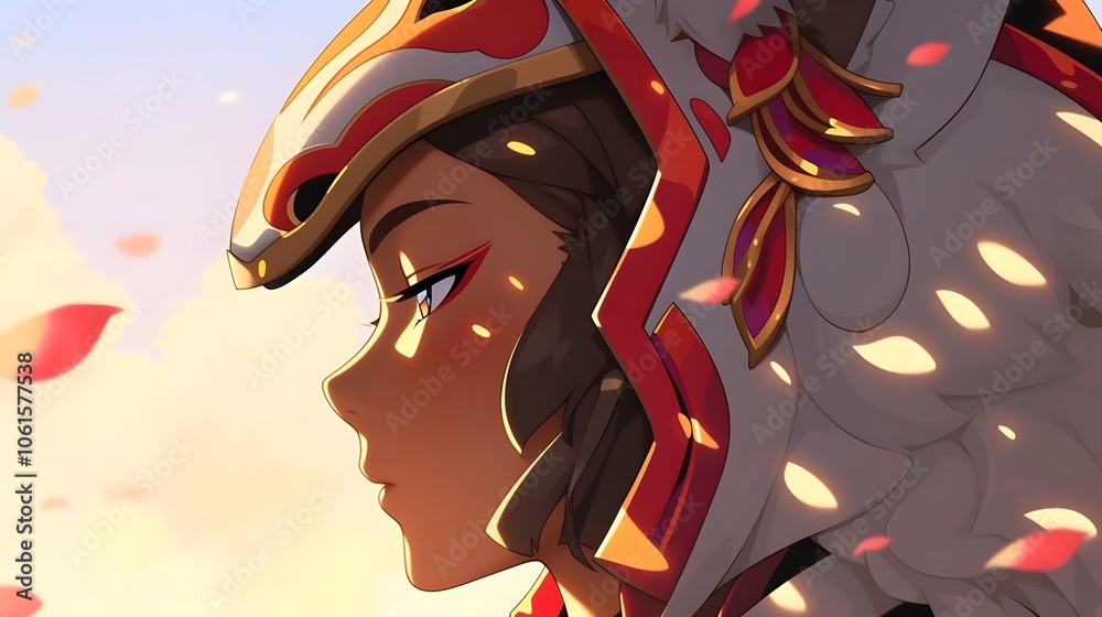 Enigmatic Fox-Mask Warrior in Vibrant Red Armor Amid Swirling Petals and Dramatic Lighting