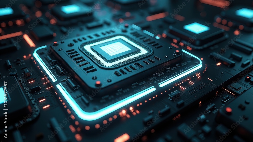Futuristic processor with glowing red and blue neon lights on a circuit board Futuristic processor with glowing red and blue neon lights on a circuit board